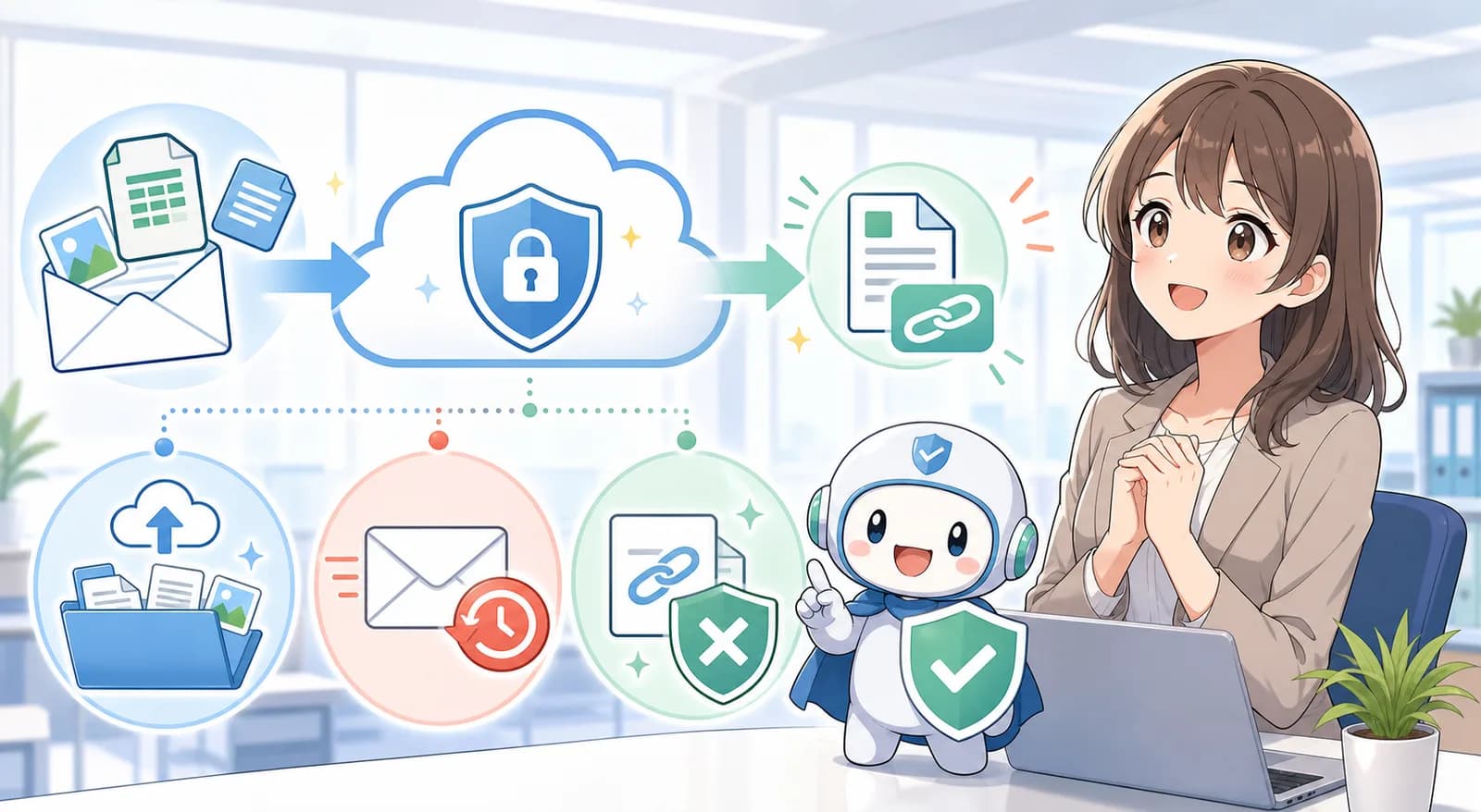 添付ファイルを安全なリンクに変換し、取消や失効を制御するイメージイラスト