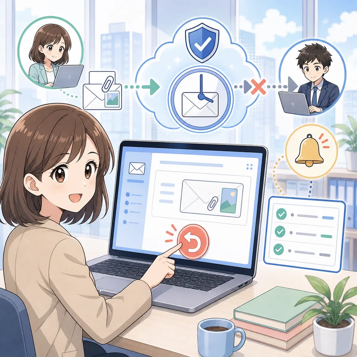 保留中のメールを送信取消するマンガイラスト