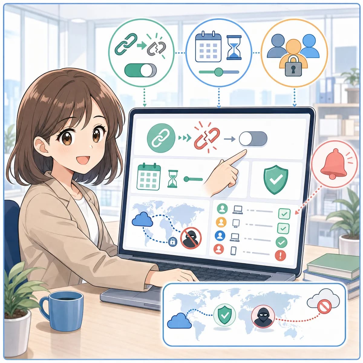 送信後にリンク失効やアクセス制御を行うマンガイラスト
